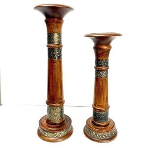Large Boho Midcentury Inspired Wood Brass Candlesticks Pillars 17” & 14” Tall